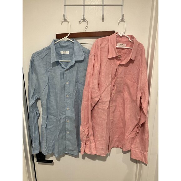 Uniqlo Lot of 2 Linen Button Down Pastel Shirts, Pink/Blue, Large - Picture 1 of 7